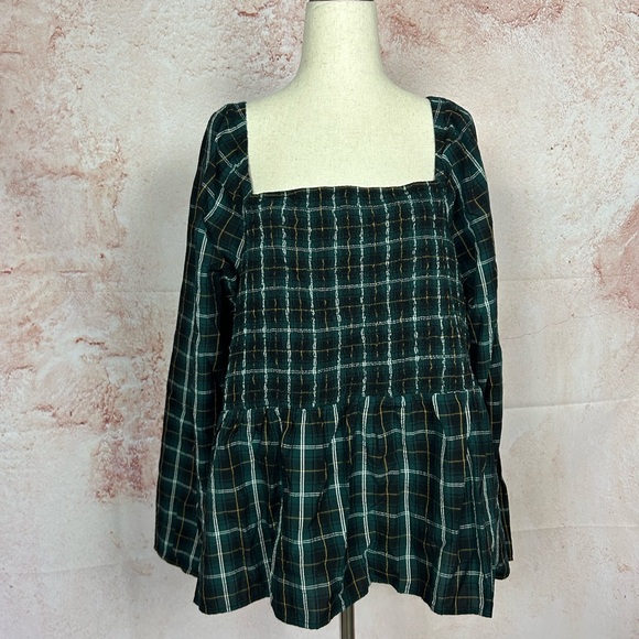 OLD NAVY tartan plaid smocked peplum top size XXL long sleeve preppy shrit - Picture 2 of 6